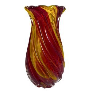 Vintage Teleflora Gifts Spiral Hand Blown Heavy Glass Vase Red / Yellow